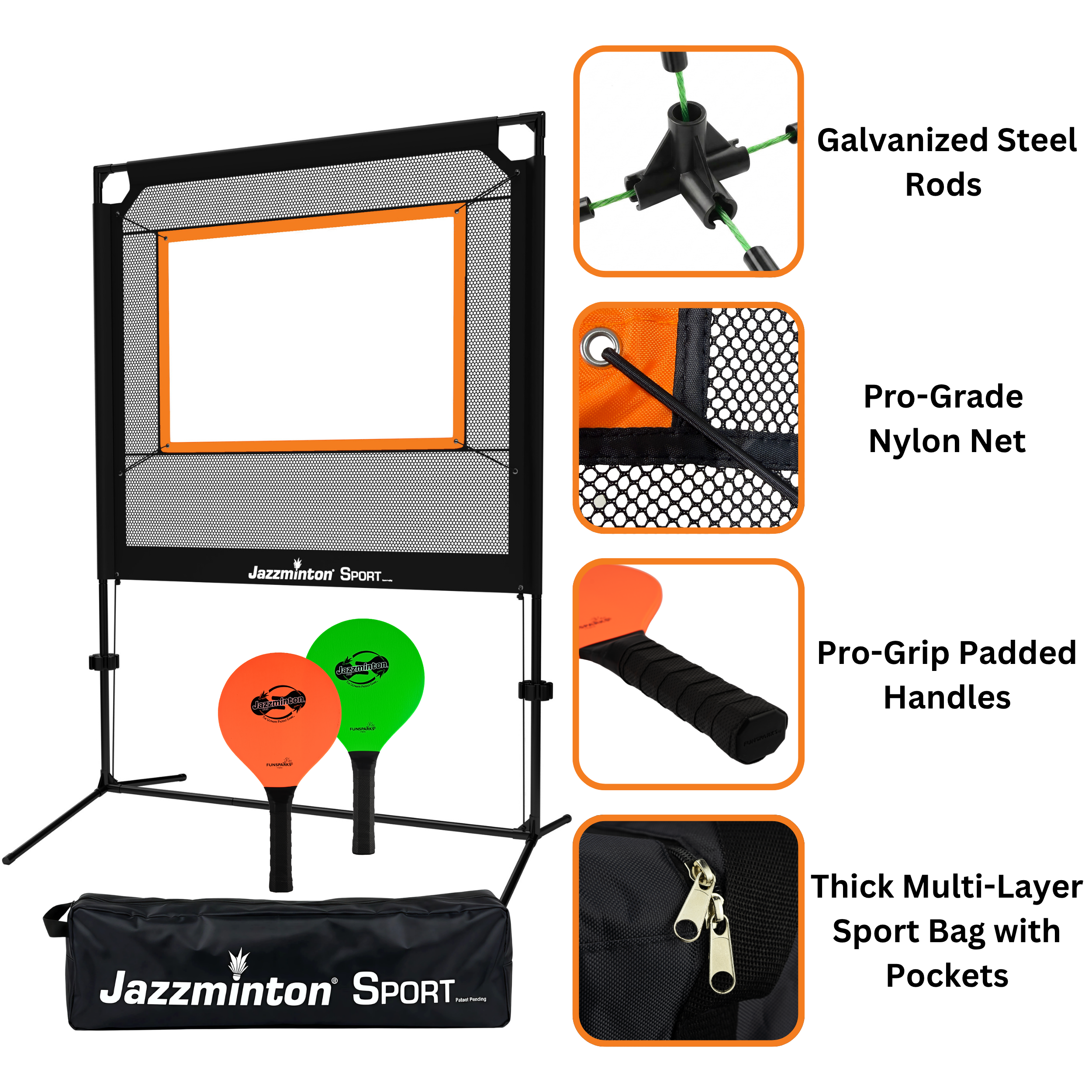 Jazzminton Sport pickleball set with features highlighted on a white background