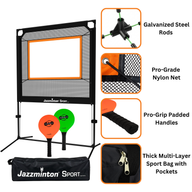 Jazzminton Sport pickleball set with features highlighted on a white background