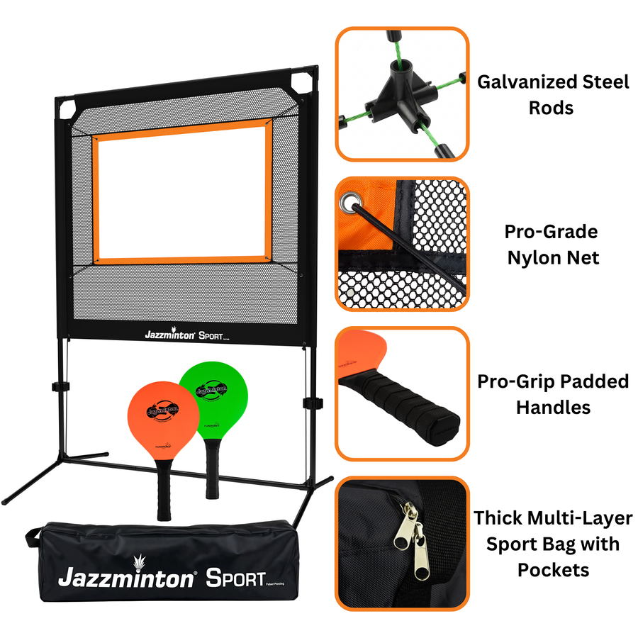 Jazzminton Sport pickleball set with features highlighted on a white background