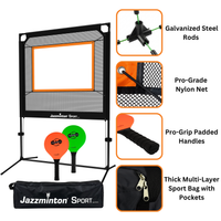 Jazzminton Sport pickleball set with features highlighted on a white background