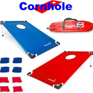 Cornhole comes with 4 red and 4 blue bean bags for play, a carry bag and rules