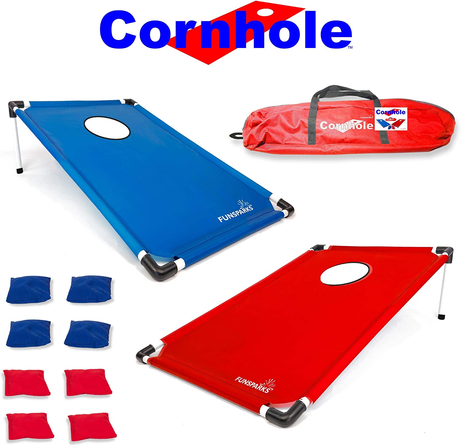 Cornhole comes with 4 red and 4 blue bean bags for play, a carry bag and rules